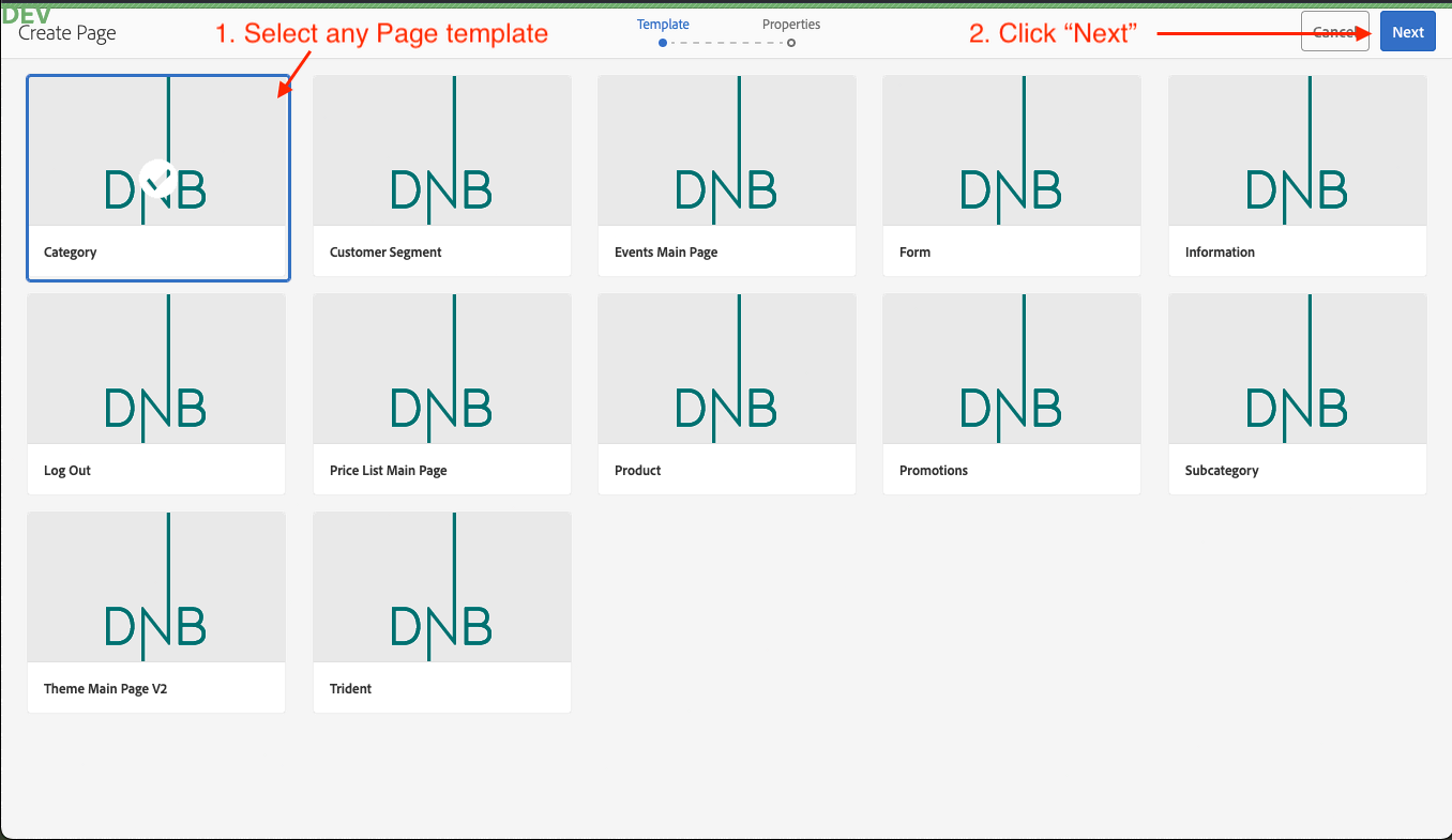 CMS UI to select Page template for the new page