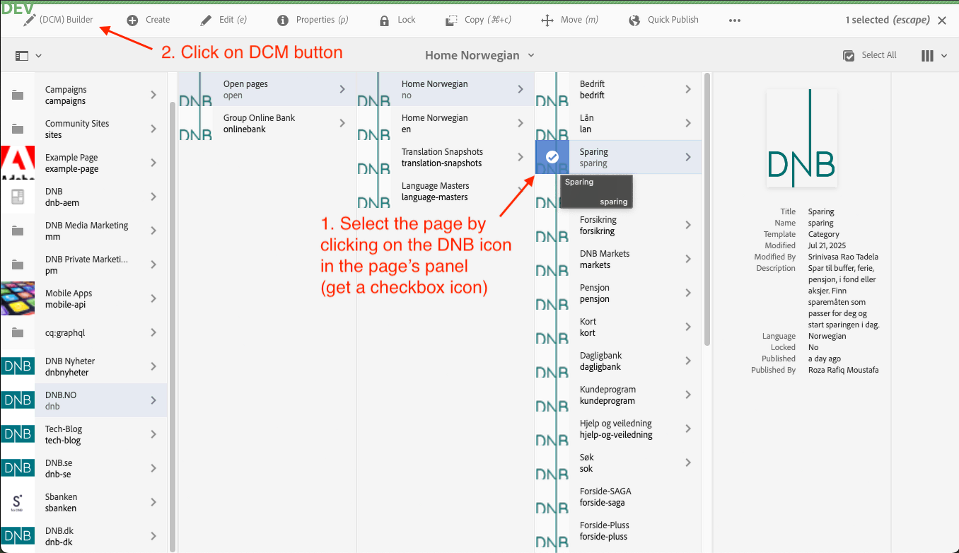 CMS UI to open the page in editor mode in DCM